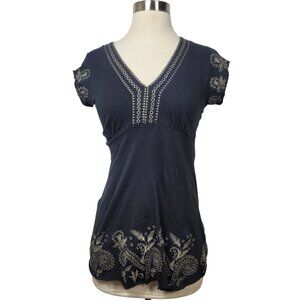 Vertigo Paris Black Cream Floral Embroidered Boho Top Size Small 100% Cotton